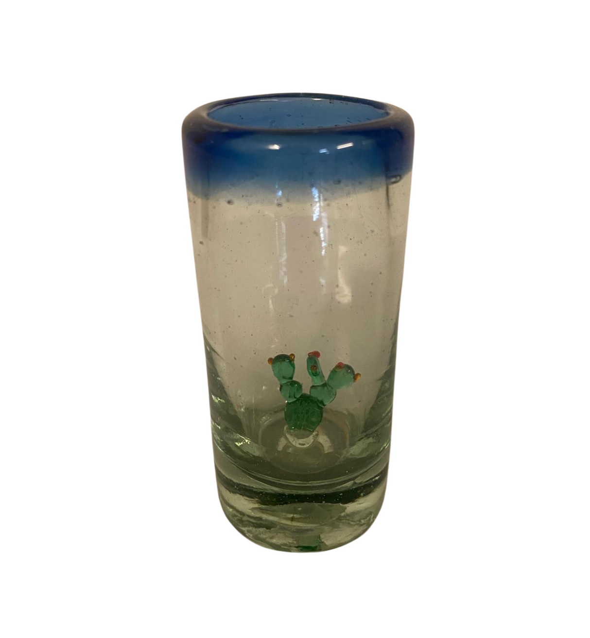 Shot Tequilero Vidrio Soplado Nopal Borde Azul (Pieza)