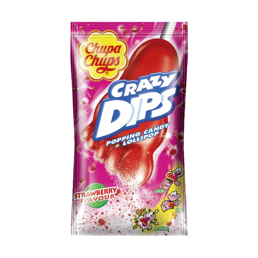 Crazy Dips Strawberry - popping candy + lollipop - CHUPA CHUPS