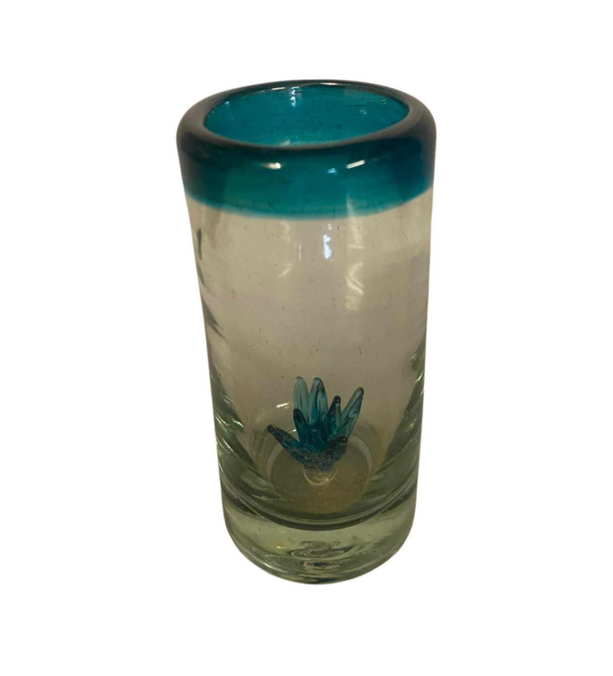 Shot Tequilero Vidrio Soplado Agave Borde Turquesa (Pieza)