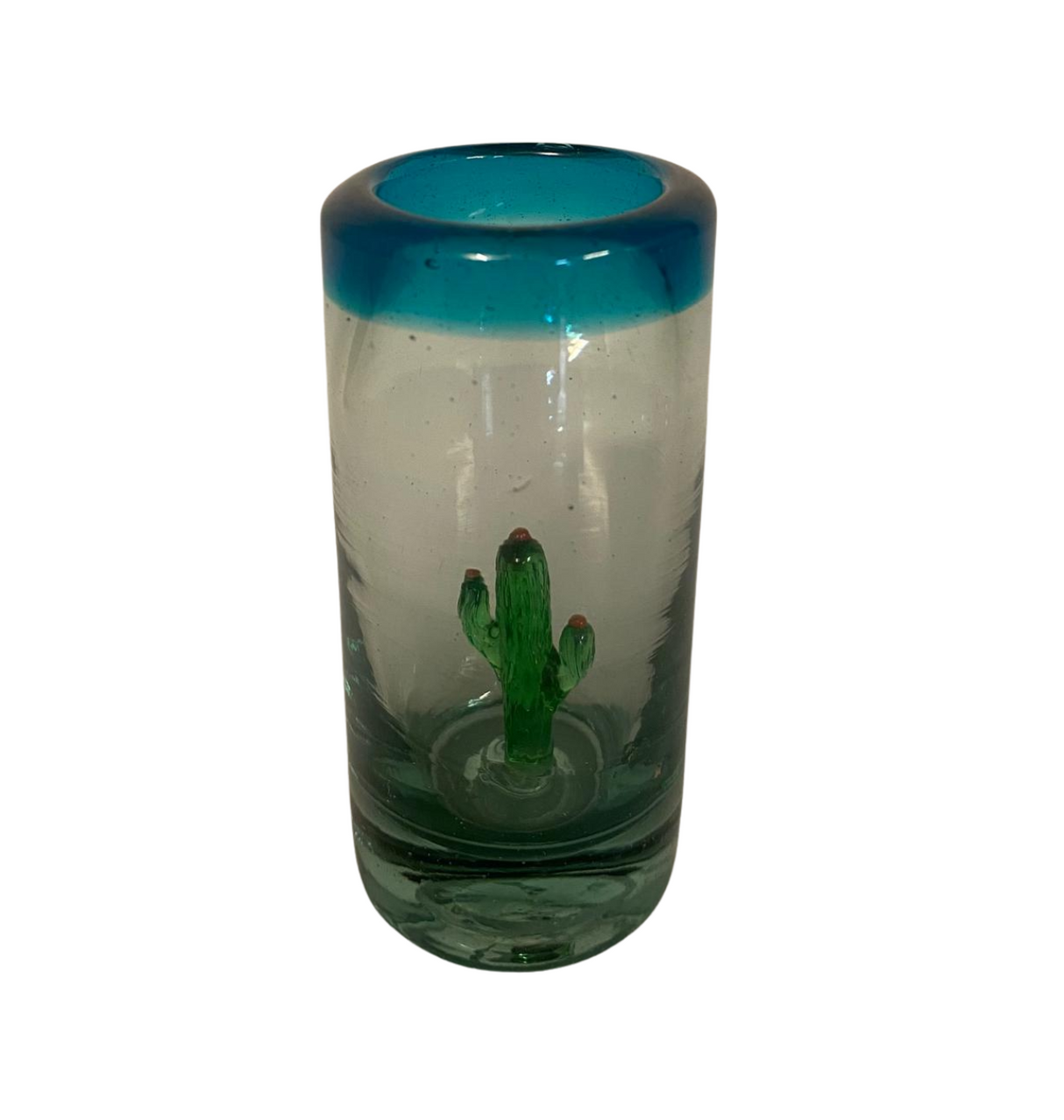 Shot Tequilero Vidrio Soplado Cactus Borde Turquesa (Pieza)