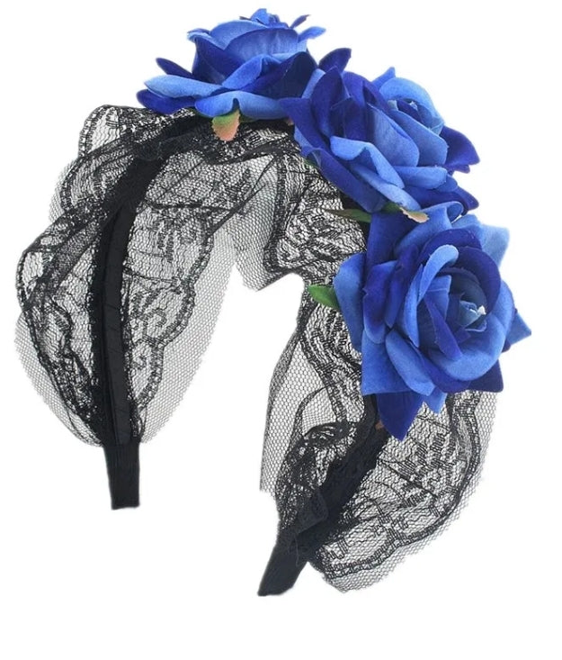 Diadema de Flores con velo de telaraña DIA DE MUERTOS