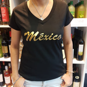 T-Shirt - Camiseta cuello V - MÉXICO letras doradas (Talla M)